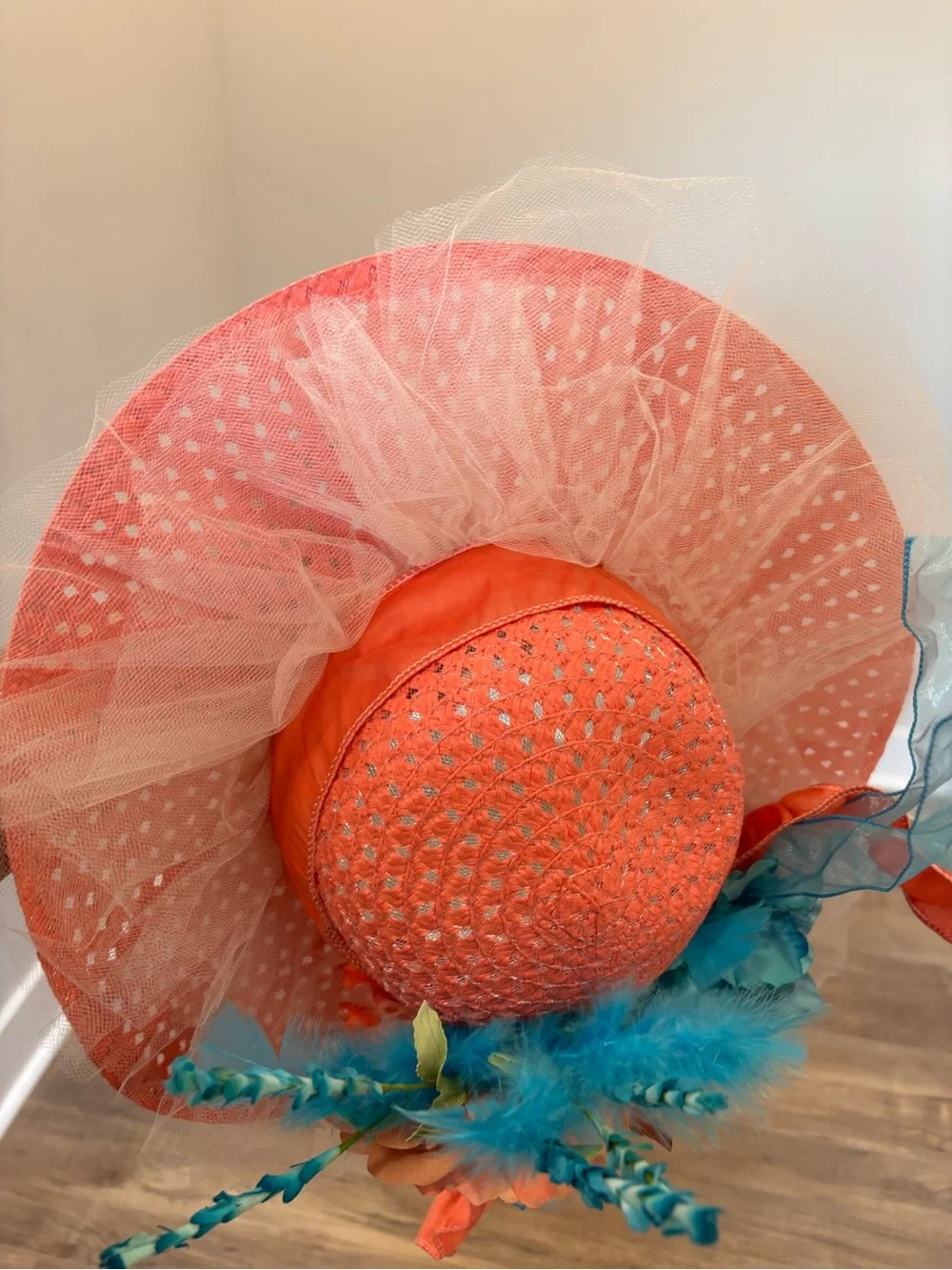 Coral and Teal Floral Fascinator Hat